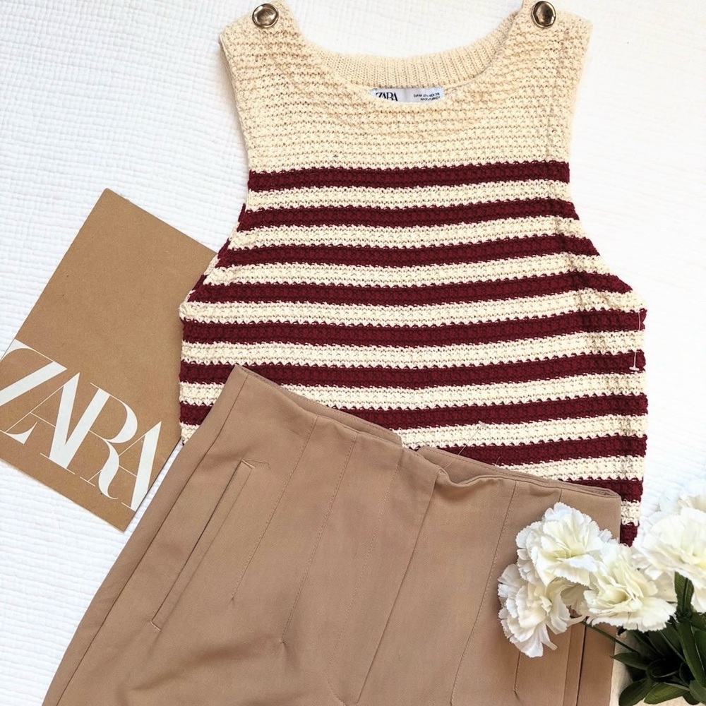 Zara Women's Striped Knit Tank Top - Cream and Burgundy